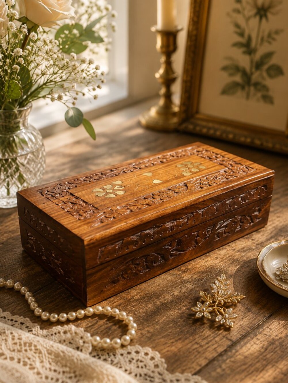 Vintage Hand-Carved Wooden Jewelry Box With Brass Floral Accents